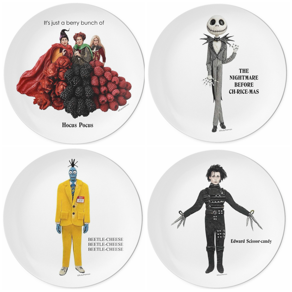 Halloween Movies Pun Plate Collection - Set of 4 - Free U.S. Shipping!