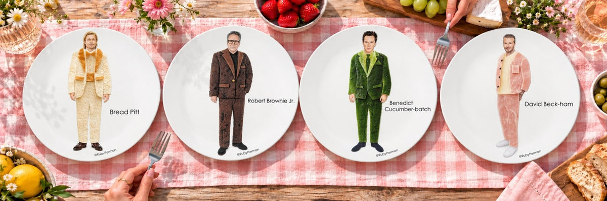 Celebrity food pun plates on a picnic table — Bread Pitt, Robert Brownie Jr., Benedict Cucumber-batch, David Beck-ham